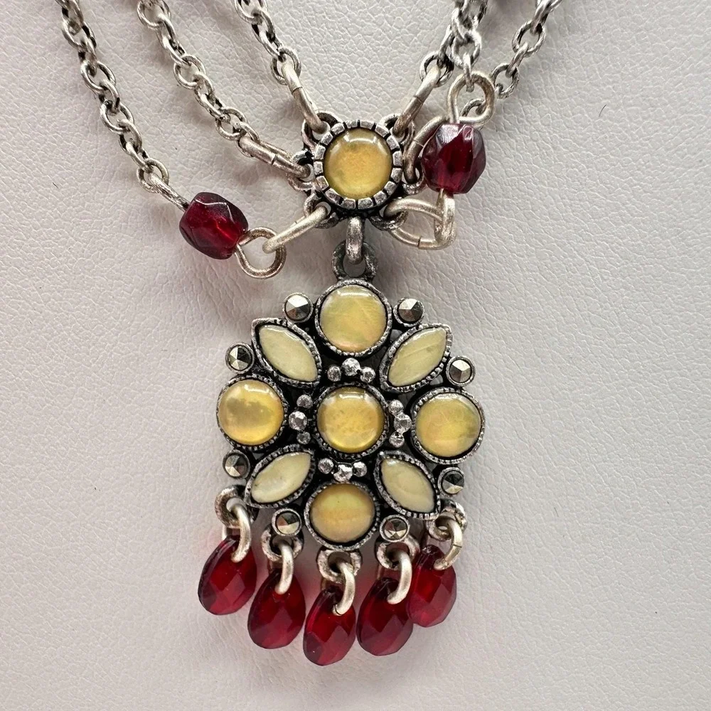 Vintage 20s Yellow Flower Pendant Silver Tone Multi-Strand‎ Necklace Jewelry